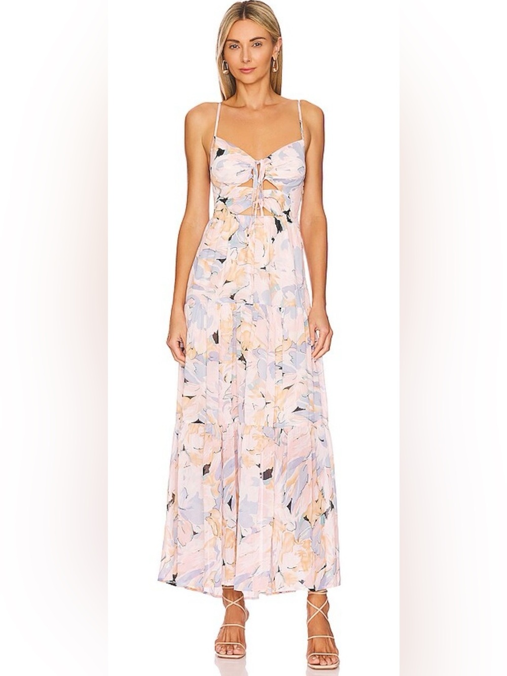 ASTR the Label Floral V-Neck Smocked Tie-Front
Midi Maxi Dress Size L A4